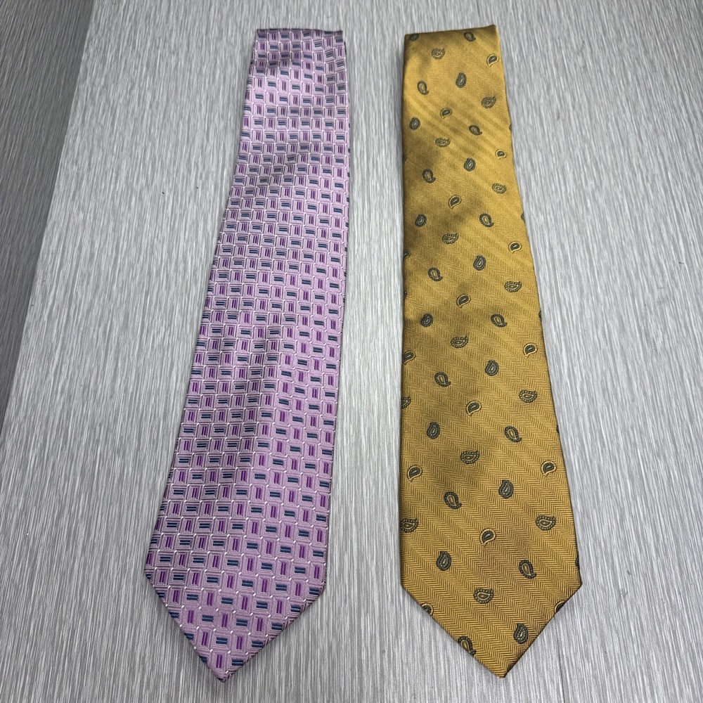 Brooks Brothers Silk Necktie Lot of 2 Yellow Geometric Purple Pattern Classic